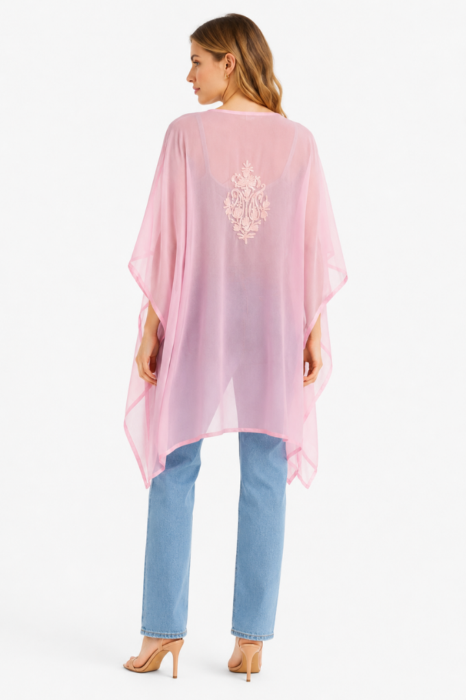 Blush Pink Floral Embroidered Short Kaftaan with V-Neck Detailing